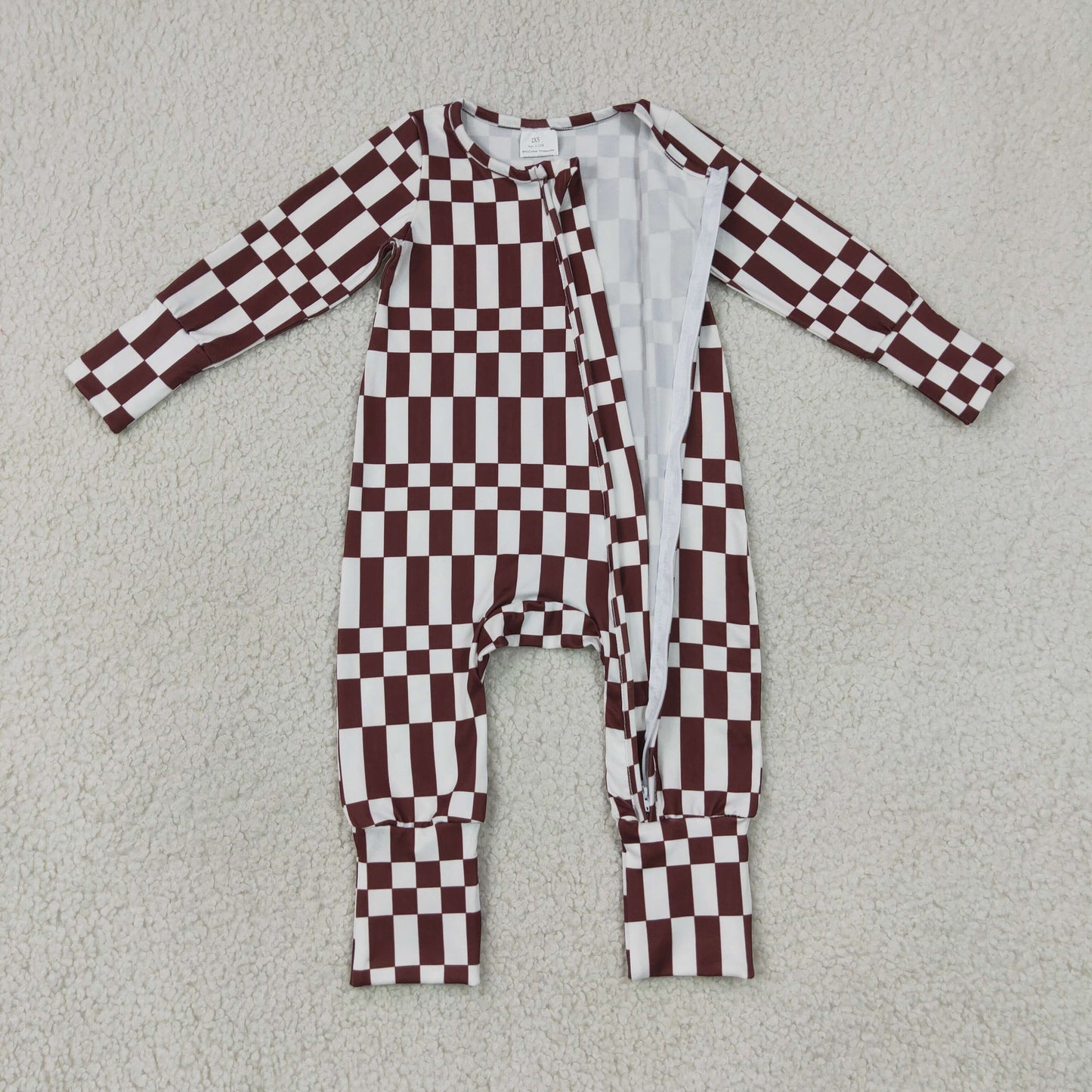 LR3114 Brown White Plaid Zip Long Sleeve Boys Romper 202607 RTS