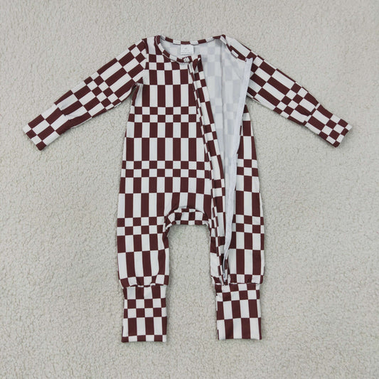 LR3114 Brown White Plaid Zip Long Sleeve Boys Romper 202607 RTS