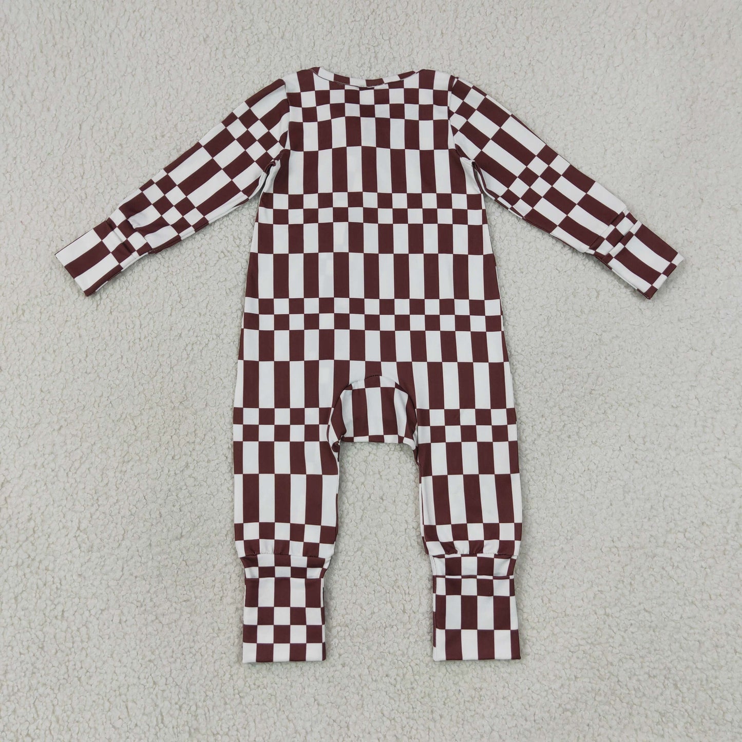 LR3114 Brown White Plaid Zip Long Sleeve Boys Romper 202607 RTS