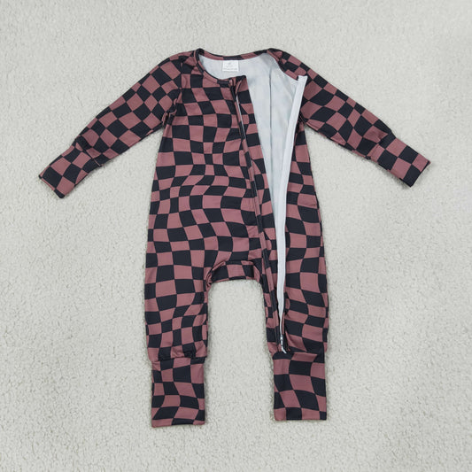 LR3115 Brown Black Plaid Zip Long Sleeve Boys Romper 202607 RTS