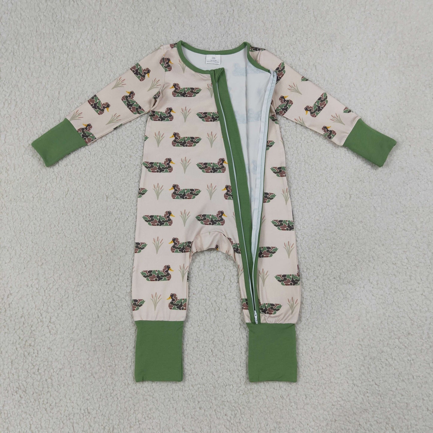 LR3117 Duck Hunting Camo Beige Green Zip Long Sleeve Boys Romper 202607 RTS