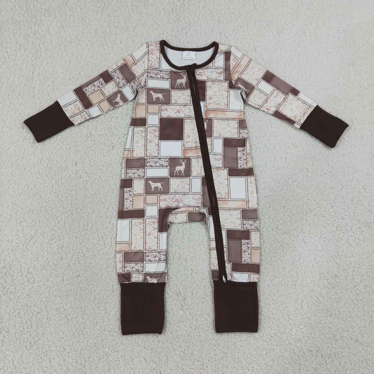 LR3118 Puppy Plaid Camo Brown Zip Long Sleeve Boys Romper 202607 RTS