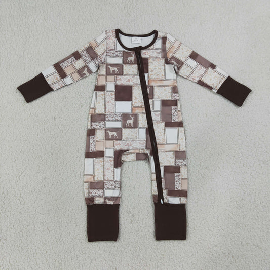 LR3118 Puppy Plaid Camo Brown Zip Long Sleeve Boys Romper 202607 RTS