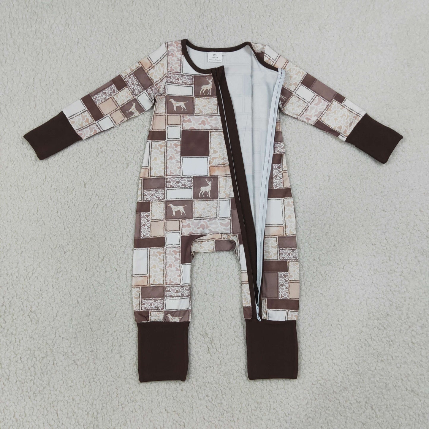 LR3118 Puppy Plaid Camo Brown Zip Long Sleeve Boys Romper 202607 RTS