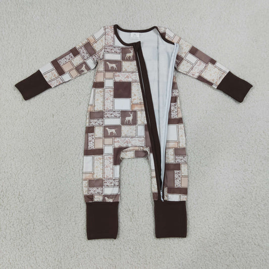 LR3118 Puppy Plaid Camo Brown Zip Long Sleeve Boys Romper 202607 RTS