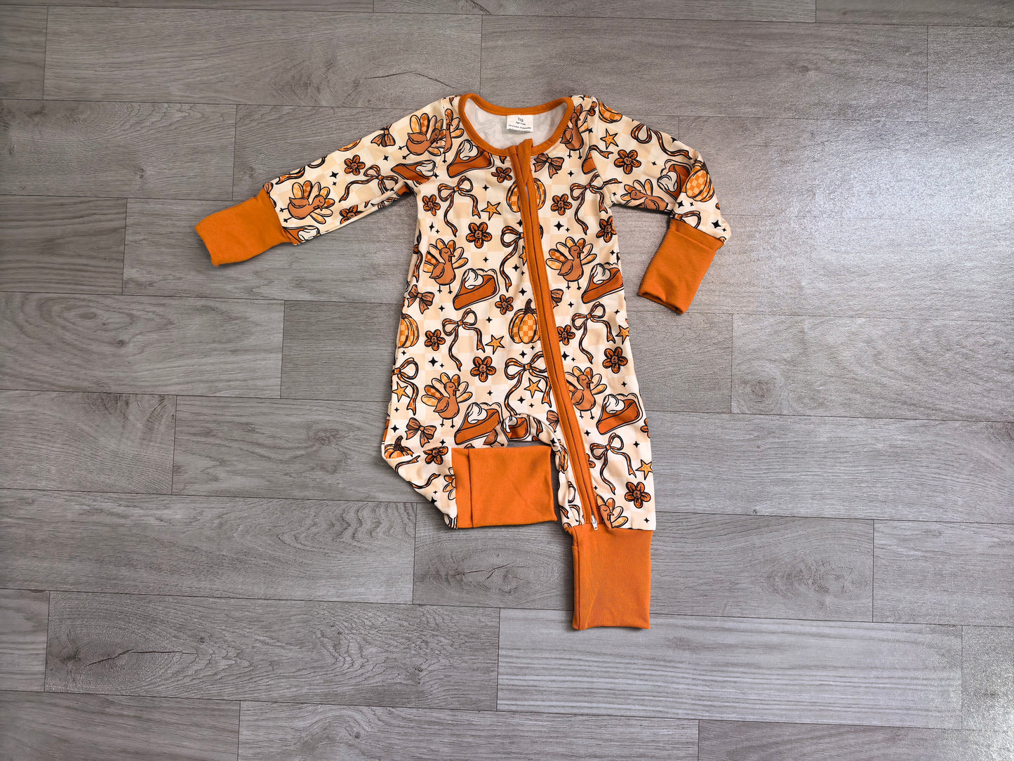 NO MOQ preorder LR3119 Thanksgiving Turkey Pumpkin Bows Orange Zip Long Sleeve Boys Romper 202607