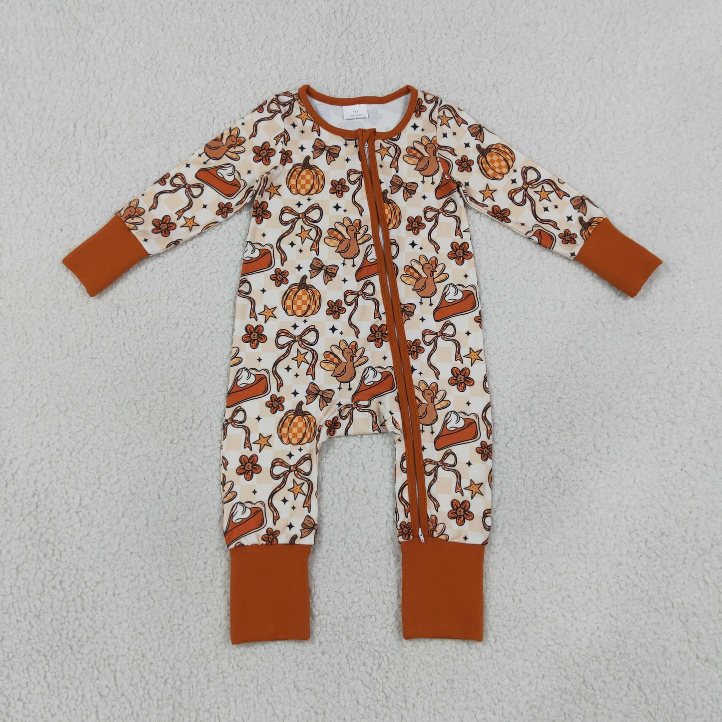 LR3119 Thanksgiving Turkey Pumpkin Bows Orange Zip Long Sleeve Girls Romper 202607 RTS