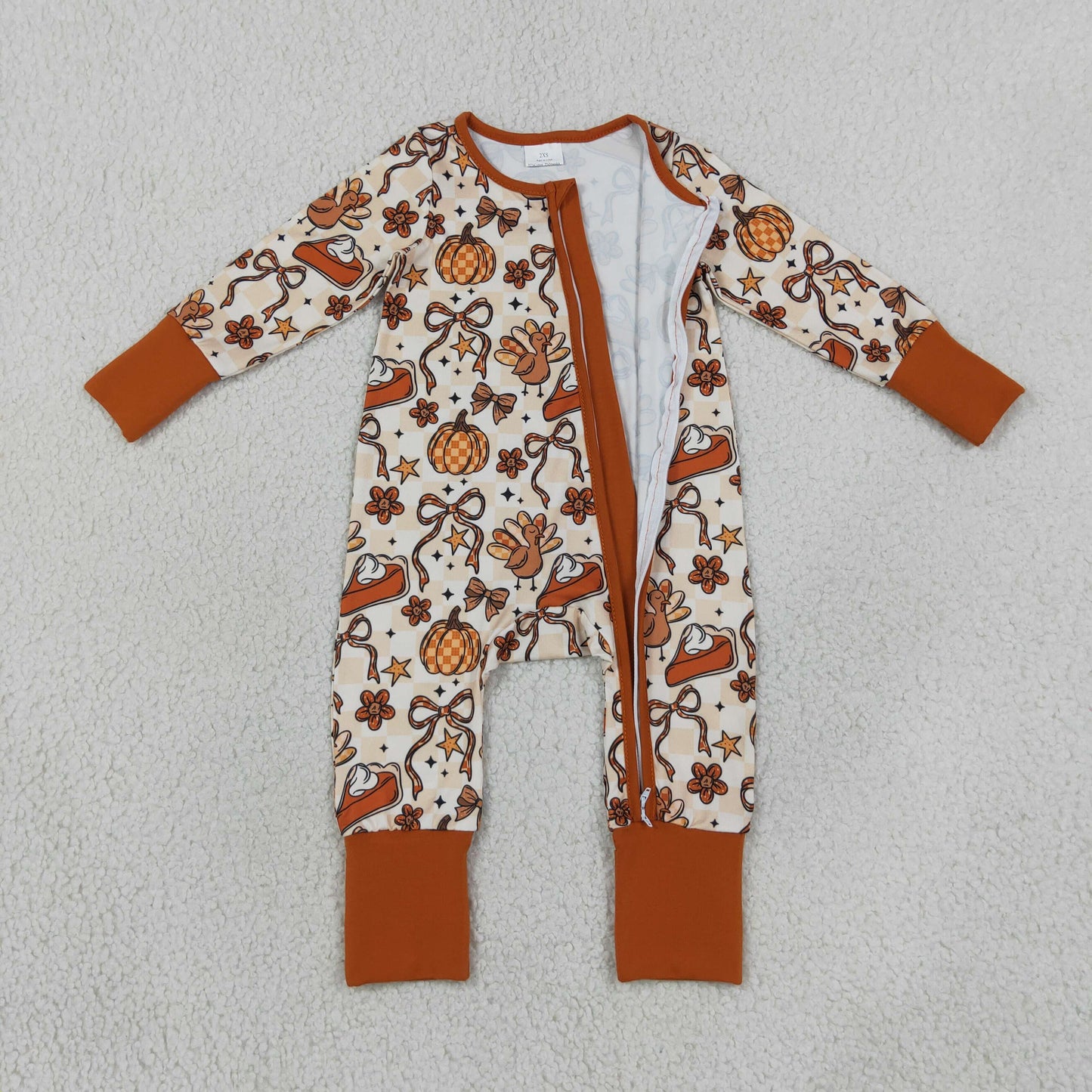 LR3119 Thanksgiving Turkey Pumpkin Bows Orange Zip Long Sleeve Girls Romper 202607 RTS