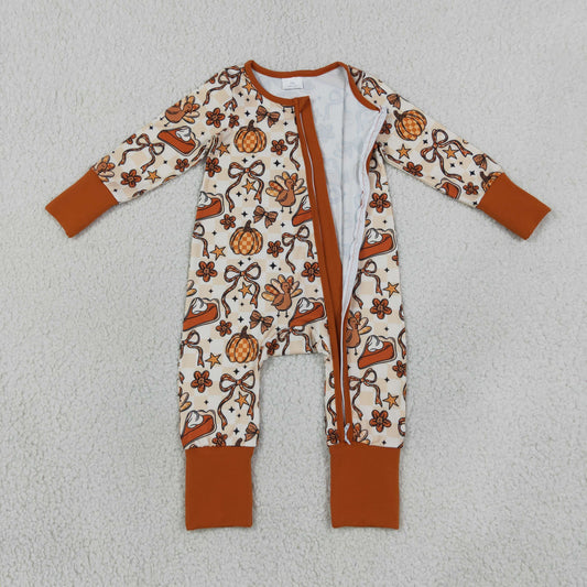 LR3119 Thanksgiving Turkey Pumpkin Bows Orange Zip Long Sleeve Boys Romper 202607 RTS