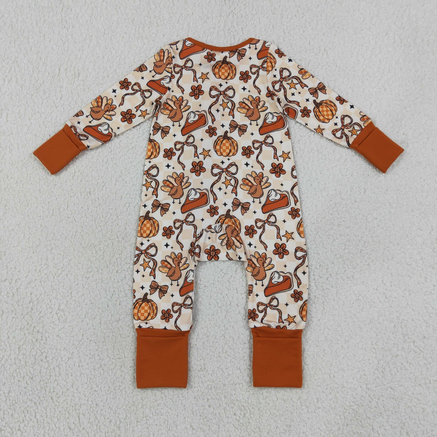 LR3119 Thanksgiving Turkey Pumpkin Bows Orange Zip Long Sleeve Girls Romper 202607 RTS