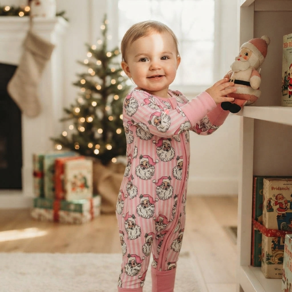 LR3125 Christmas Santa Pink Baby Sleepers Romper