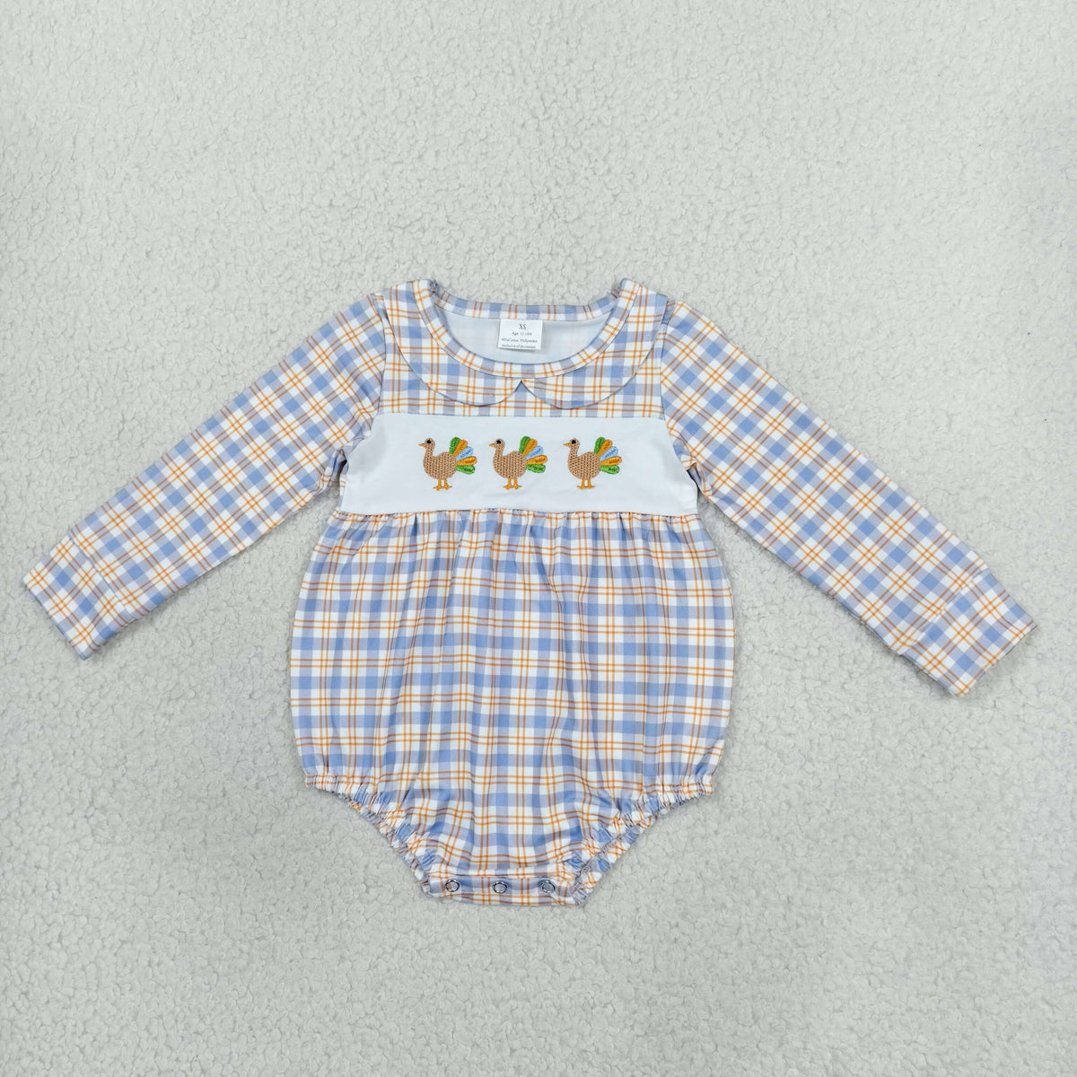 LR3132 Embroidery Thanksgiving Day Turkey Plaid Baby Bubble Romper