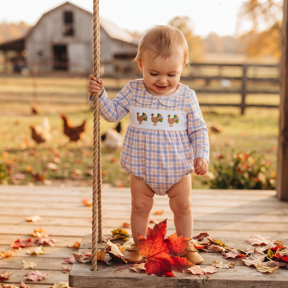 LR3132 Embroidery Thanksgiving Day Turkey Plaid Baby Bubble Romper