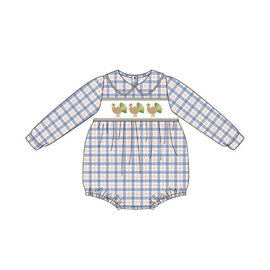 MOQ 5 PCS preorder LR3132 Thanksgiving Turkey Plaid Long Sleeve Boys Bubble Romper 202607 Sibling