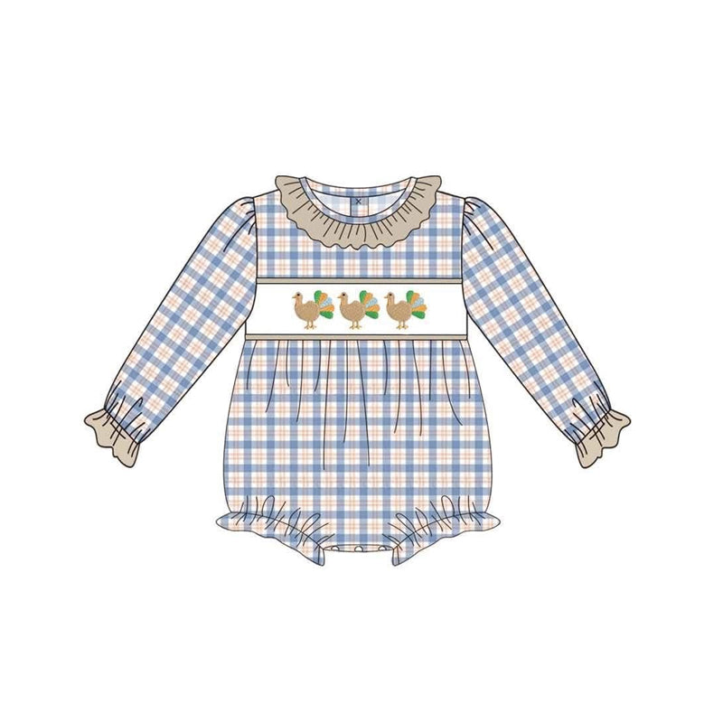 MOQ 5 PCS preorder LR3133 Thanksgiving Turkey Plaid Khaki Ruffle Long Sleeve Girls Bubble Romper 202607 Sibling