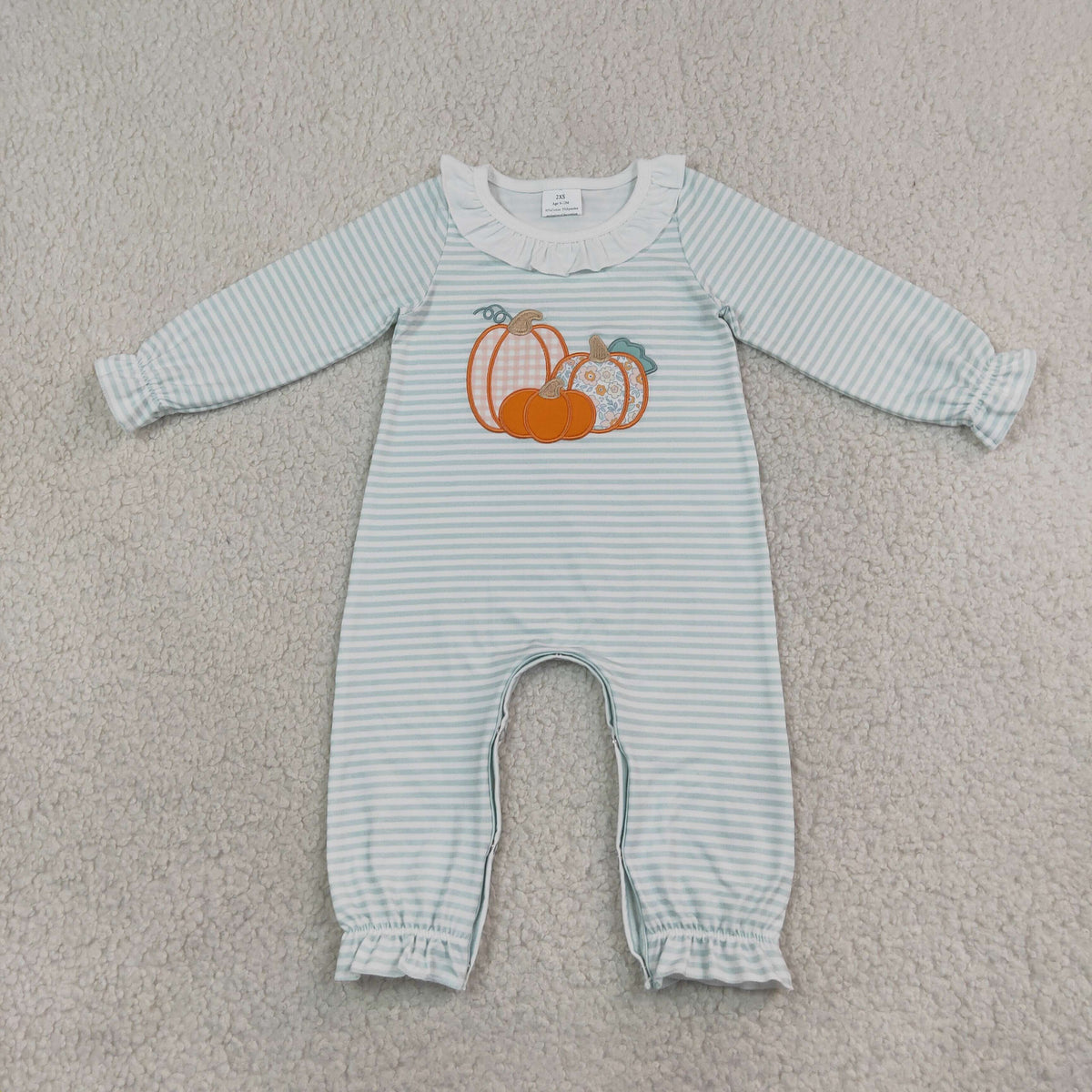 LR3137 Embroidery Fall Pumpkin Stripe Green Baby Girls Romper