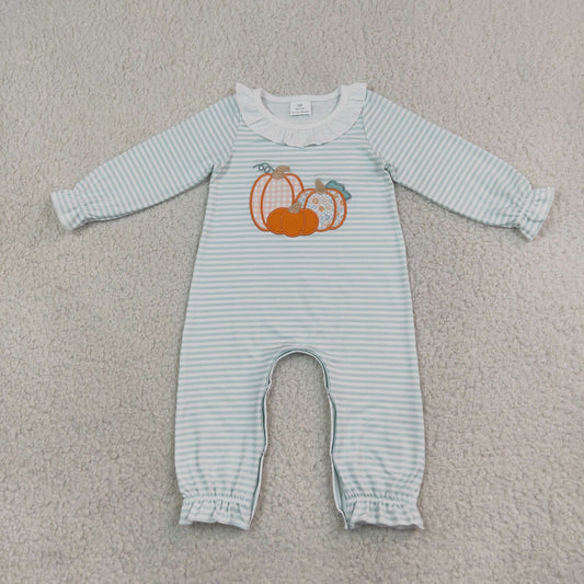 LR3137 Embroidery Fall Pumpkin Stripe Green Baby Girls Romper