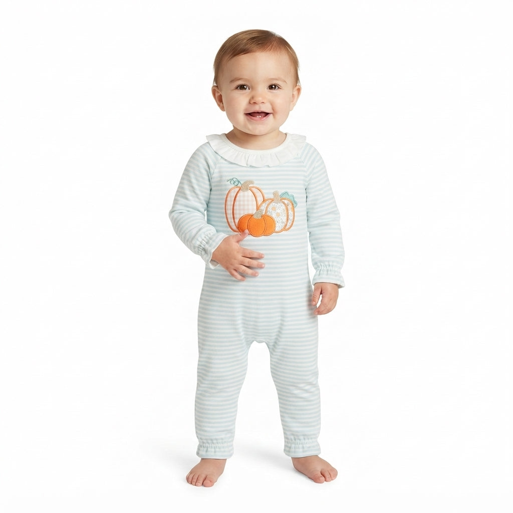 LR3137 Embroidery Fall Pumpkin Stripe Green Baby Girls Romper