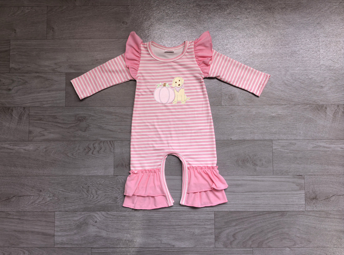 NO MOQ preorder LR3140 Embroidered Puppy Pumpkin Pink Stripe Ruffle Long Sleeve Girls Romper 202607