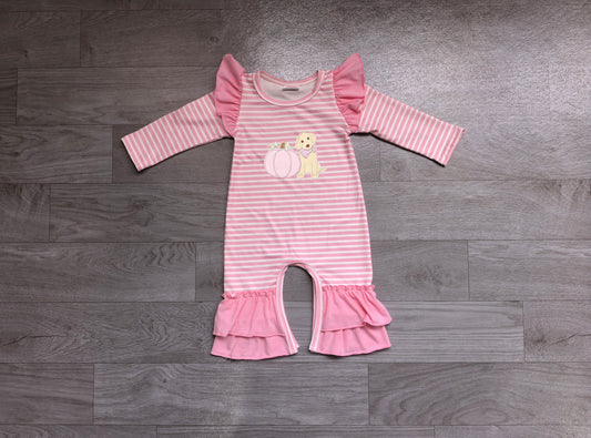 NO MOQ preorder LR3140 Embroidered Puppy Pumpkin Pink Stripe Ruffle Long Sleeve Girls Romper 202607