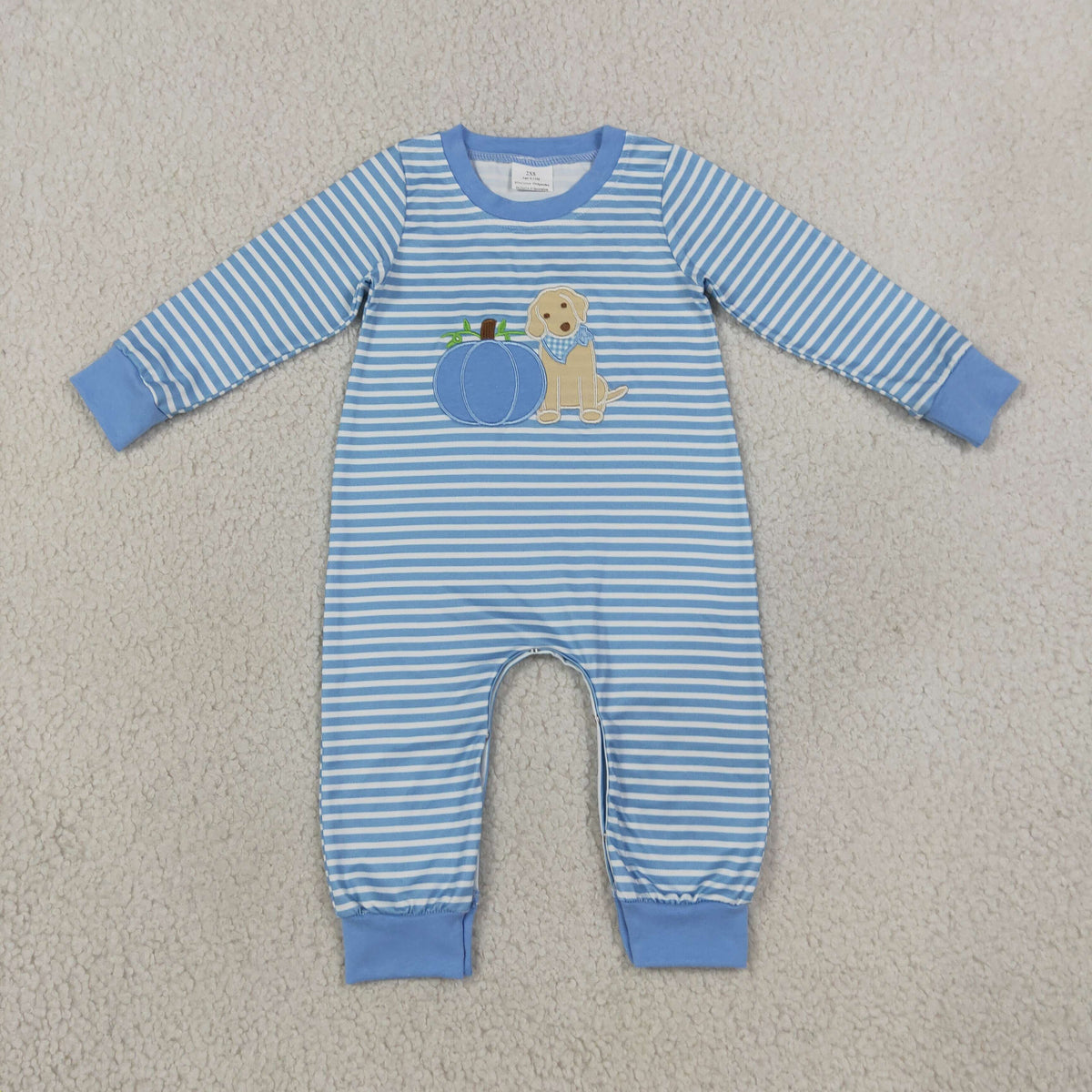 LR3141 Embroidery Fall Pumpkin Dog Blue Stripe Baby Boys Romper 202609 RTS