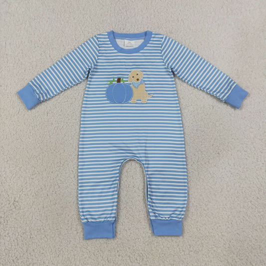LR3141 Embroidery Fall Pumpkin Dog Blue Stripe Baby Boys Romper 202609 RTS