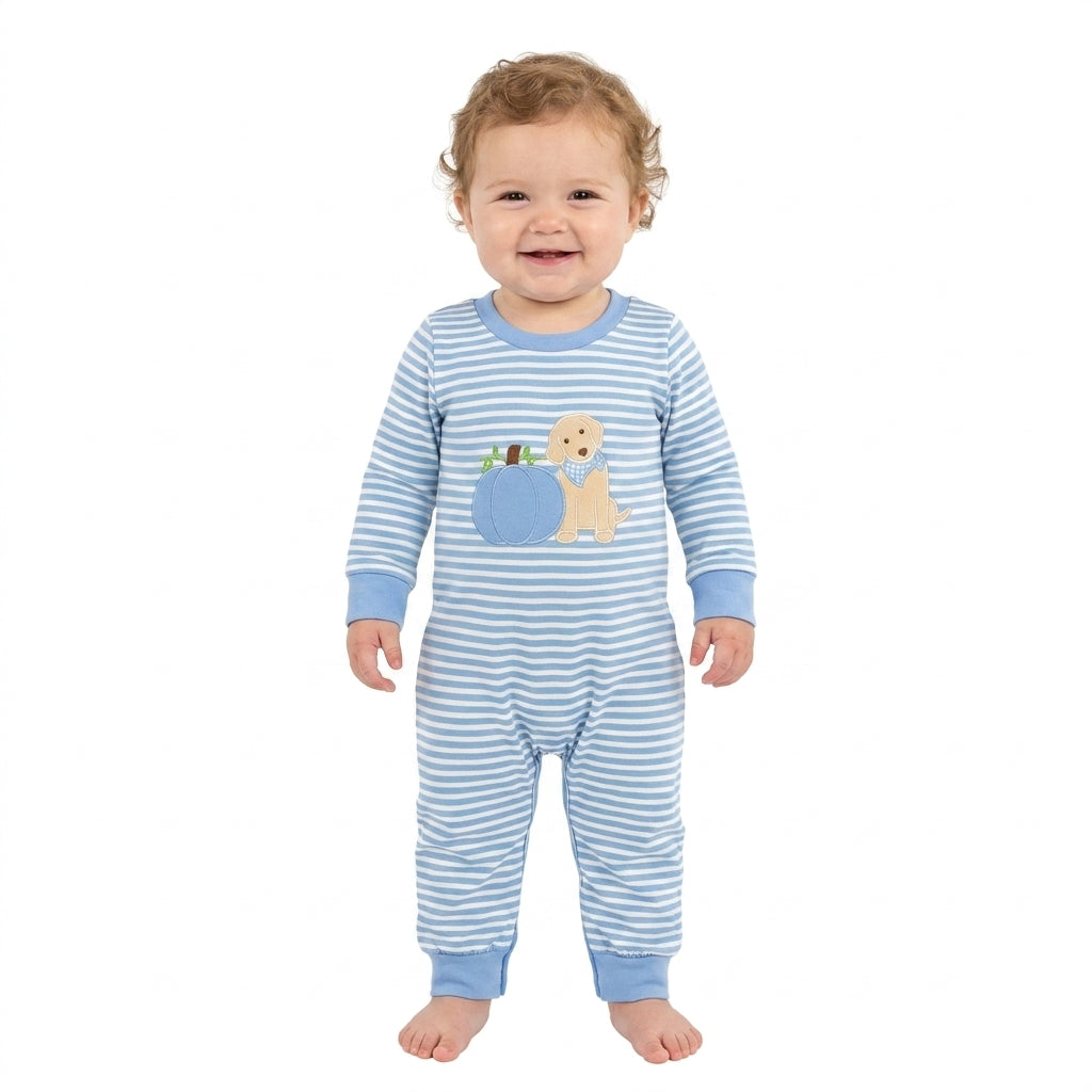 LR3141 Embroidery Fall Pumpkin Dog Blue Stripe Baby Boys Romper 202609 RTS
