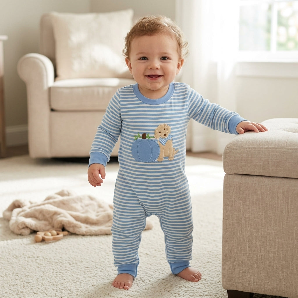 LR3141 Embroidery Fall Pumpkin Dog Blue Stripe Baby Boys Romper 202609 RTS