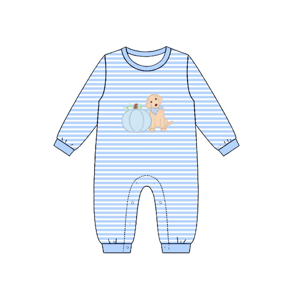 MOQ 5 PCS preorder LR3141 Puppy Pumpkin Blue Stripe Long Sleeve Boys Romper 202607