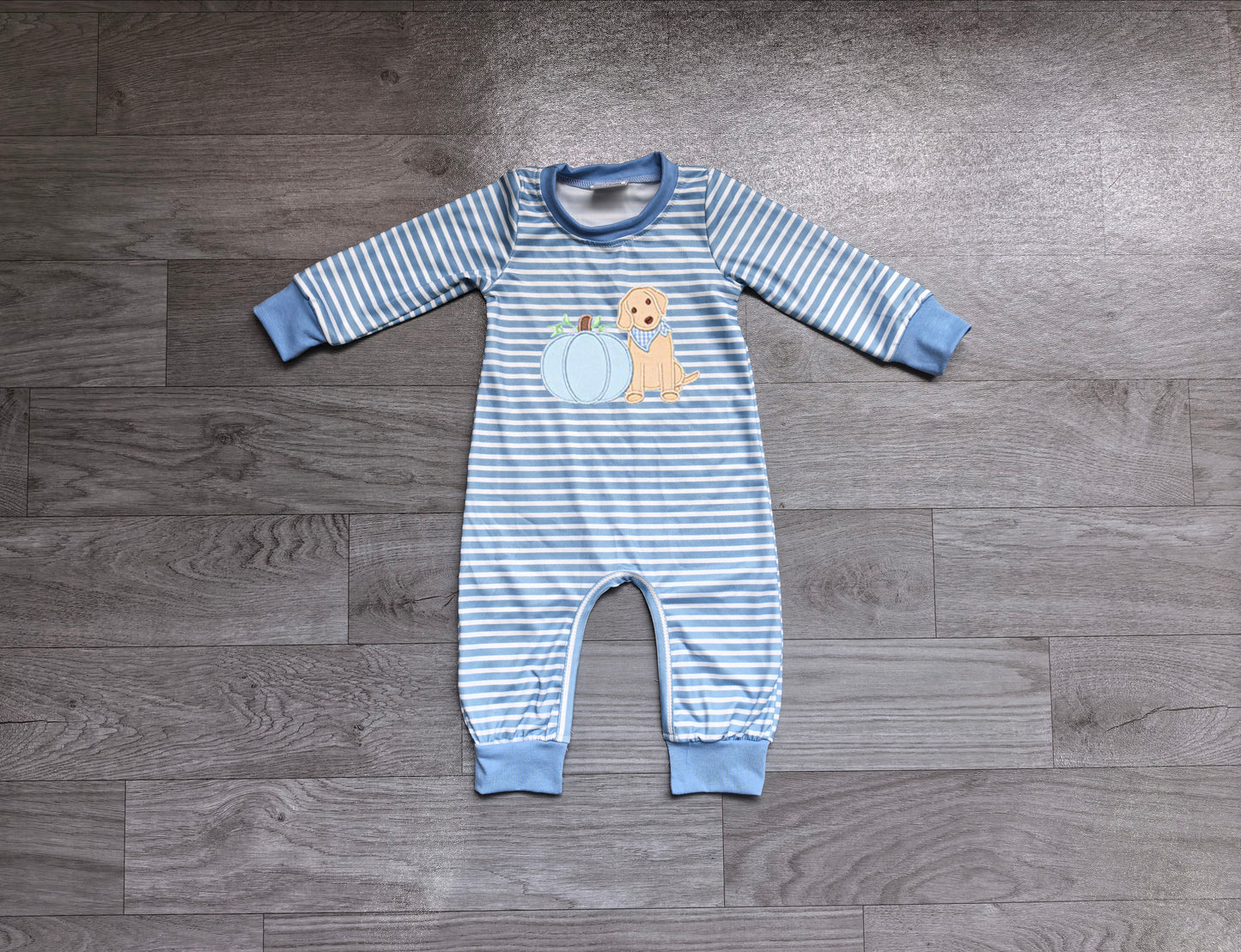 NO MOQ preorder LR3141 Embroidered Puppy Pumpkin Blue Stripe Long Sleeve Boys Romper 202607