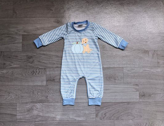 NO MOQ preorder LR3141 Embroidered Puppy Pumpkin Blue Stripe Long Sleeve Boys Romper 202607