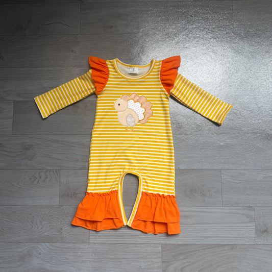 NO MOQ preorder LR3144 Embroidered Thanksgiving Turkey Orange Stripe Ruffle Long Sleeve Girls Romper 202607