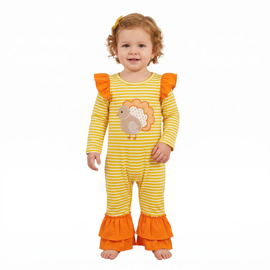 LR3144 Embroidery Thanksgiving Day Turkey Stripe Ruffles Baby Girls Romper 202609 RTS