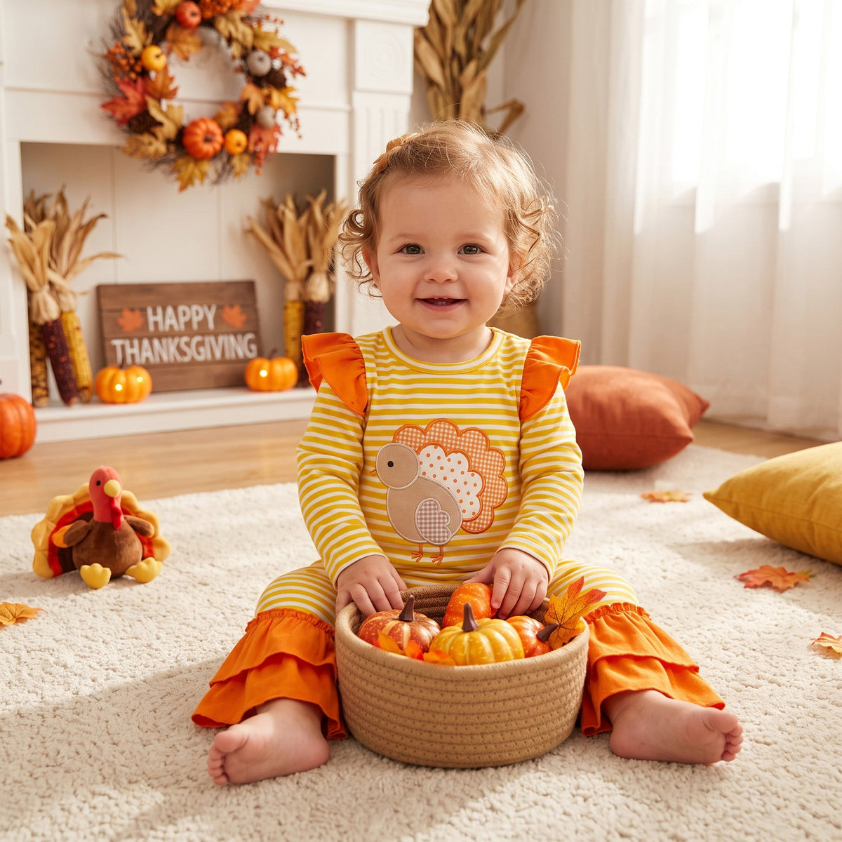 LR3144 Embroidery Thanksgiving Day Turkey Stripe Ruffles Baby Girls Romper 202609 RTS