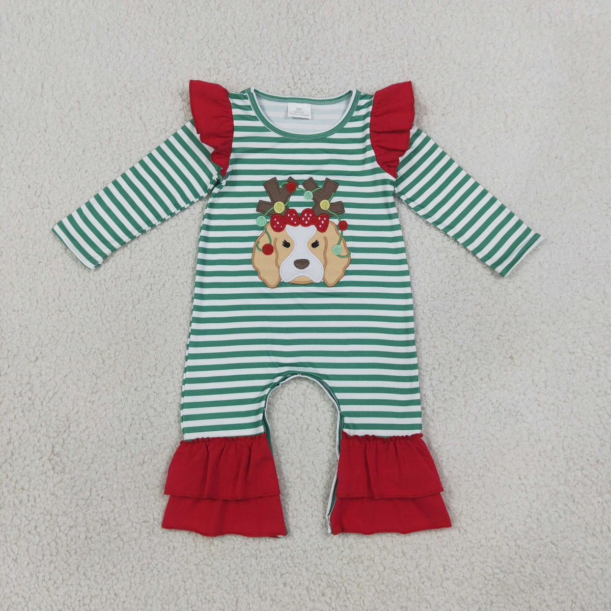 Christmas Embroidery Puppy Antlers Stripe Red Kids Sibling Matching Clothes