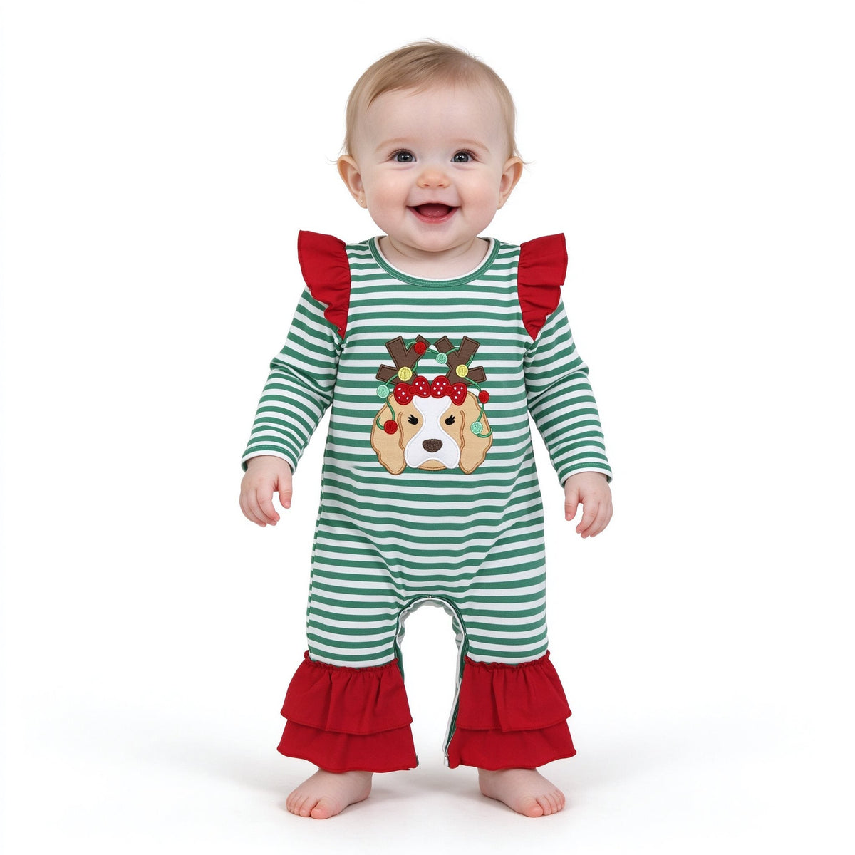 LR3145 Embroidery Christmas Elk Stripe Ruffles Baby Girls Romper