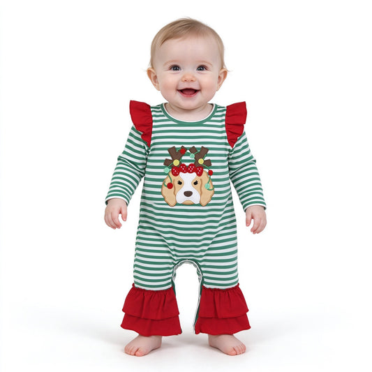 LR3145 Embroidery Christmas Elk Stripe Ruffles Baby Girls Romper