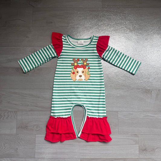 NO MOQ preorder LR3145 Embroidered Christmas Reindeer Antler Puppy Green Stripe Red Ruffle Long Sleeve Girls Romper 202607