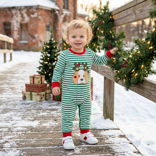 LR3105 Embroidery Christmas Elk Stripe Baby Boys Romper