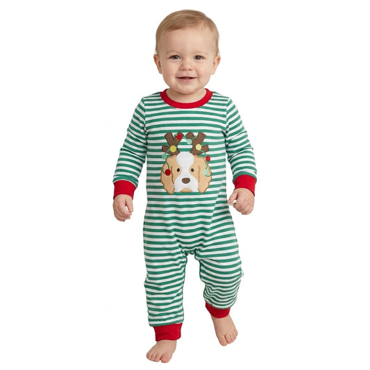 LR3105 Embroidery Christmas Elk Stripe Baby Boys Romper