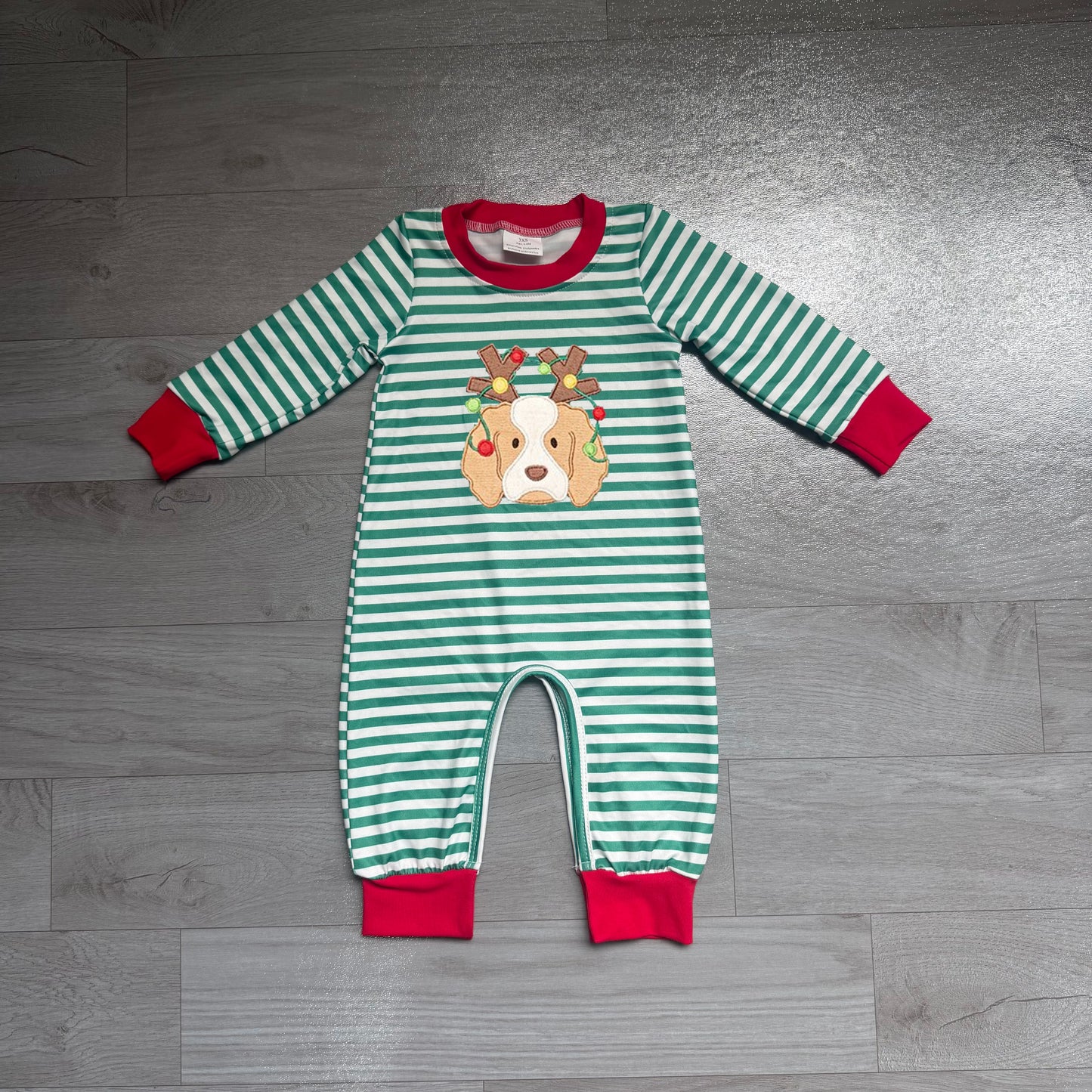 NO MOQ preorder LR3146 Embroidered Christmas Reindeer Antler Puppy Green Stripe Long Sleeve Boys Romper 202607