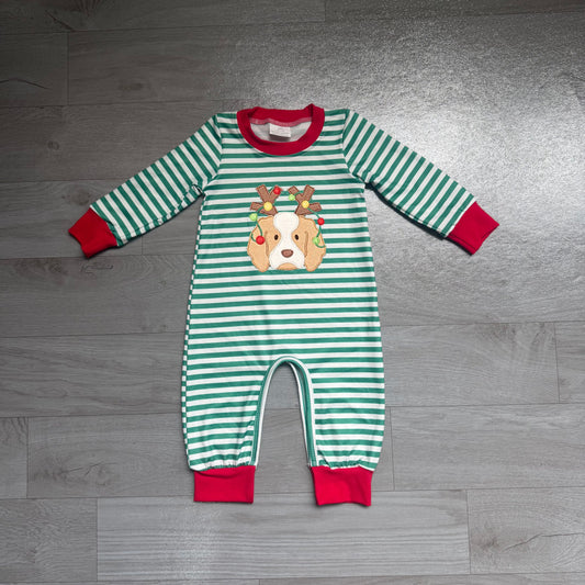 NO MOQ preorder LR3146 Embroidered Christmas Reindeer Antler Puppy Green Stripe Long Sleeve Boys Romper 202607