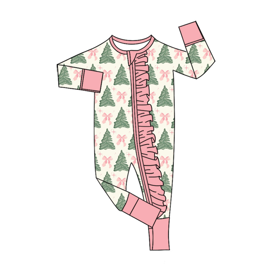 MOQ 5 PCS preorder LR3153 Christmas Trees Bows Star Pink Ruffle Zip Long Sleeve Girls Romper 202607
