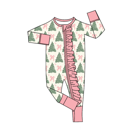 MOQ 5 PCS preorder LR3153 Christmas Trees Bows Star Pink Ruffle Zip Long Sleeve Girls Romper 202607
