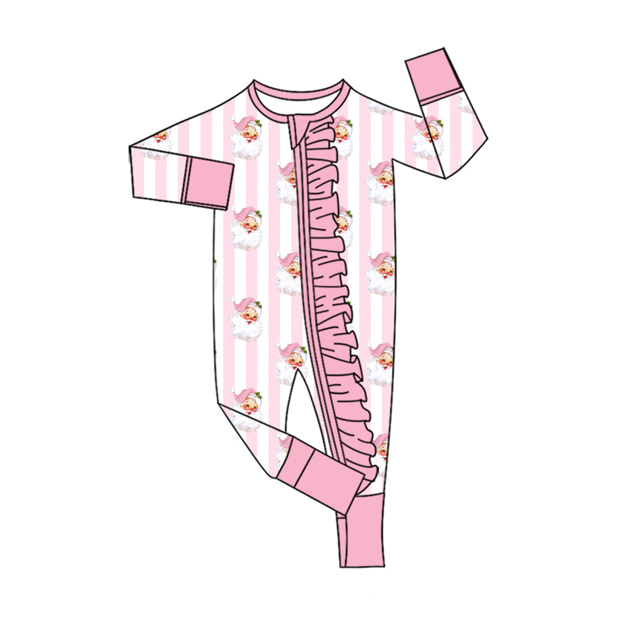MOQ 5 PCS preorder LR3154 Christmas Santa Claus Stripe Pink Ruffle Zip Long Sleeve Girls Romper 202607
