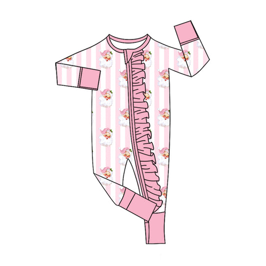 MOQ 5 PCS preorder LR3154 Christmas Santa Claus Stripe Pink Ruffle Zip Long Sleeve Girls Romper 202607
