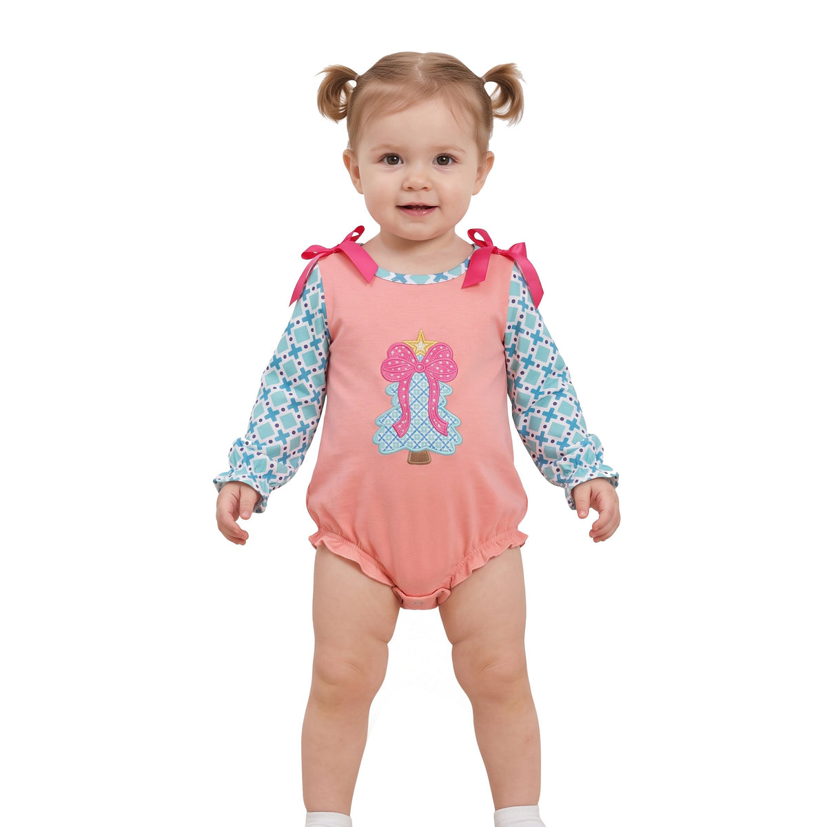 LR3164 Christmas Embroidery Trees Pink Bows Baby Bubble Romper 202609 RTS