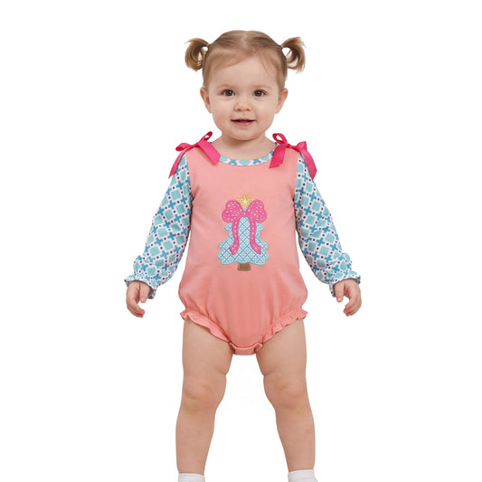 LR3164 Christmas Embroidery Trees Pink Bows Baby Bubble Romper 202609 RTS