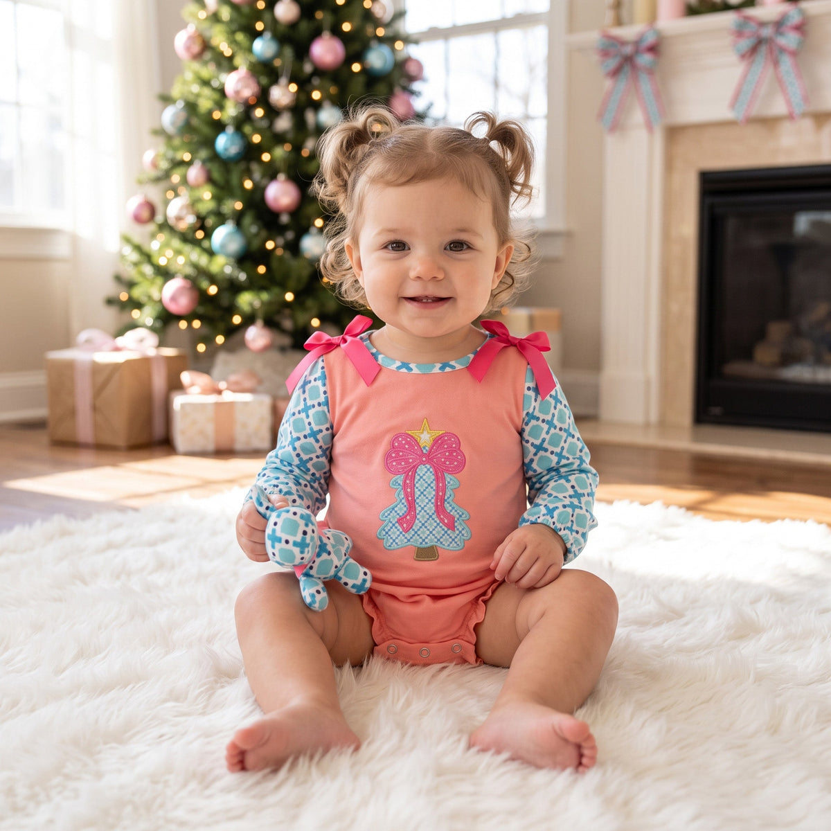 LR3164 Christmas Embroidery Trees Pink Bows Baby Bubble Romper 202609 RTS