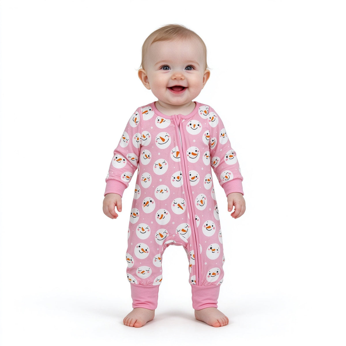 LR3165 Christmas Snowman Pink Baby Footie Sleepers Romper